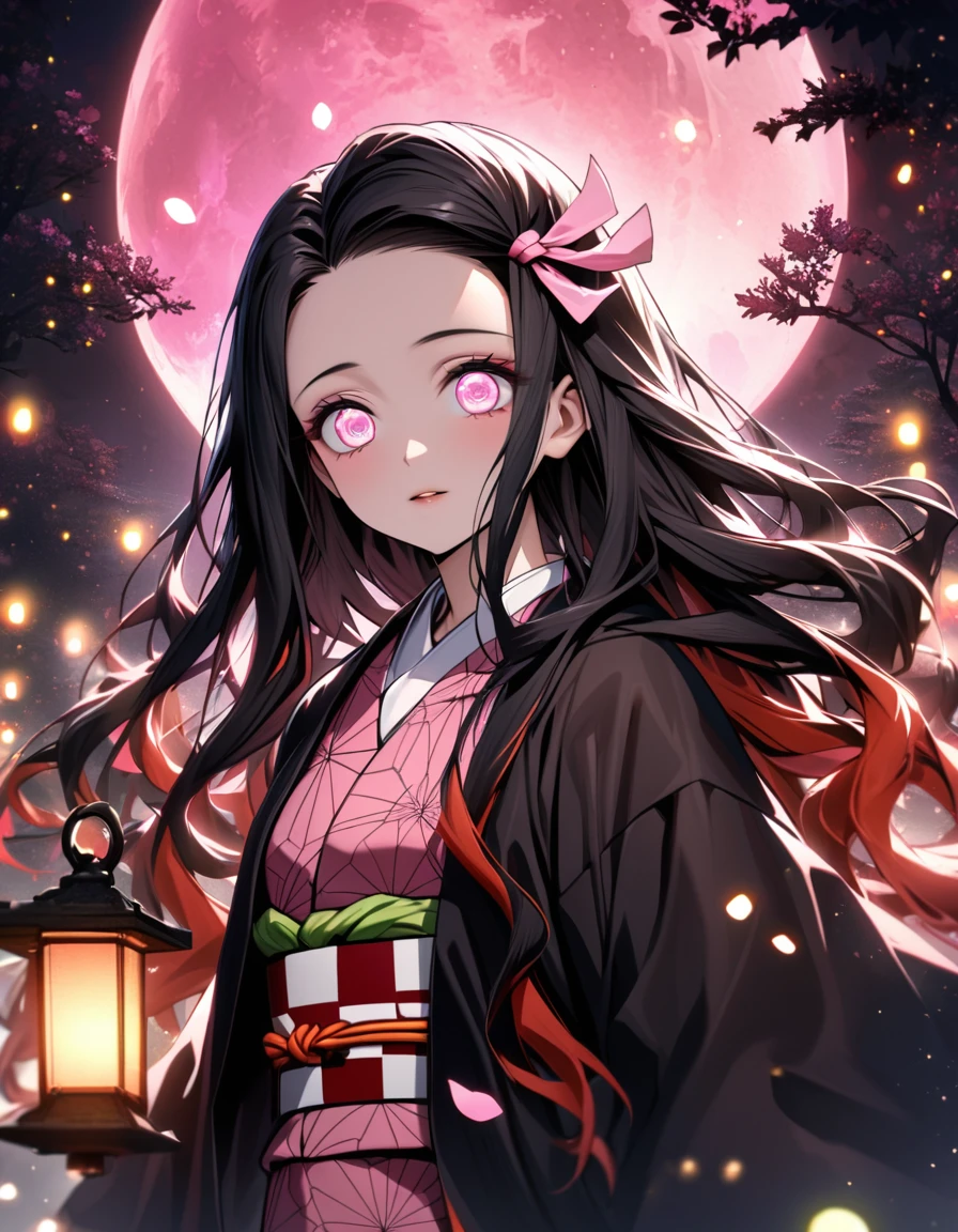 Ultra detailed, highres, absurdres, HDR, Kamado Nezuko, black long hair, pink expressive eyes, Kimetsu No Yaiba, pink flowers, petals, fireflies, lanterns, pink moon, woman, extremely beautiful, very detailed face and eyes, pink kimono, black haori, solo