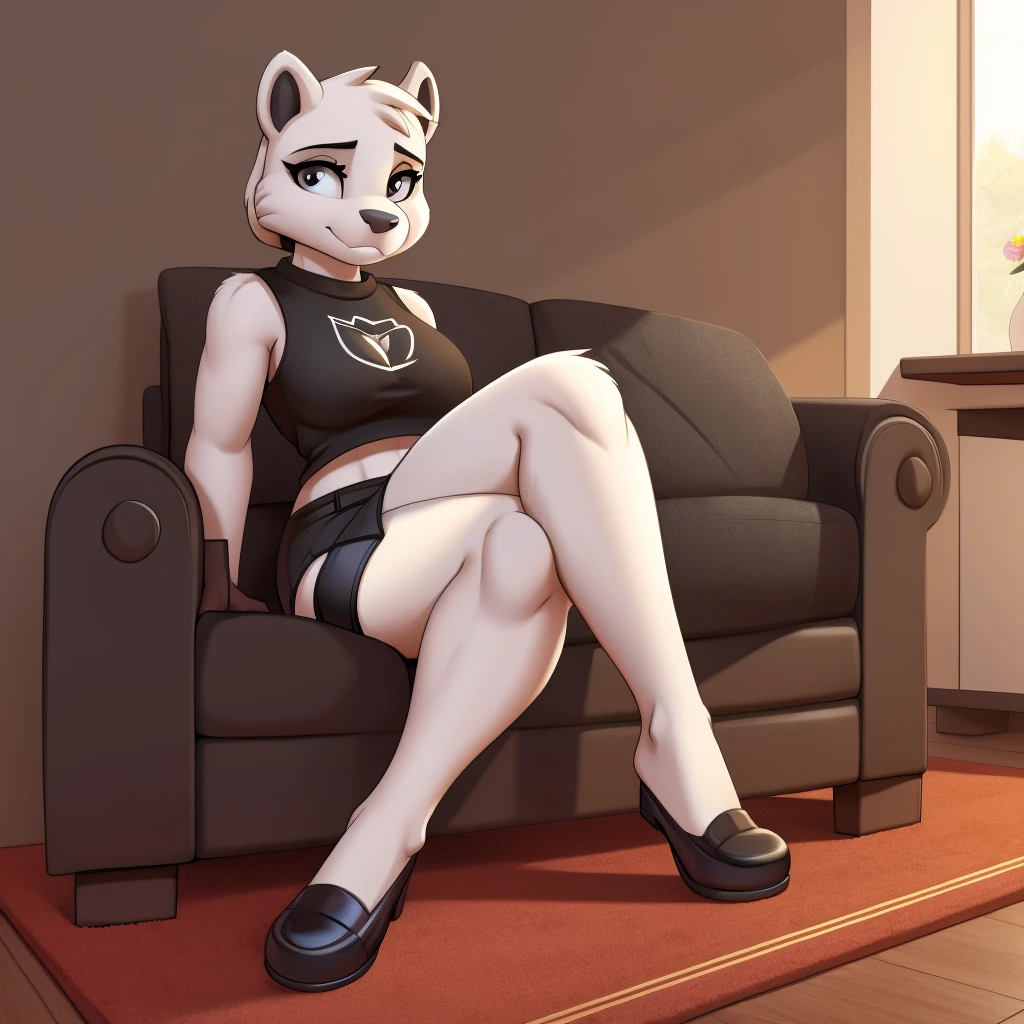 sabrina, furry female anthro, skunk girl, wearing black shorts, crossed legs, sitting on carpet, hand on her leg, thick thighs,