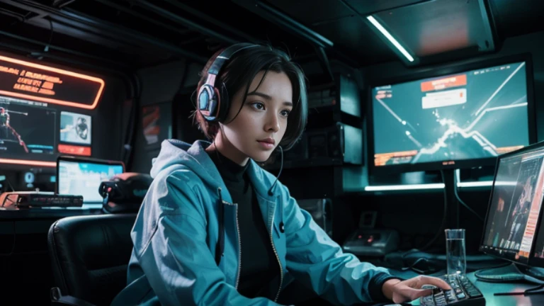 4K,beautiful women,headphone,simon stålenhag,SF,Illustration, science fiction artwork,cyber punk,blue neon,gaming