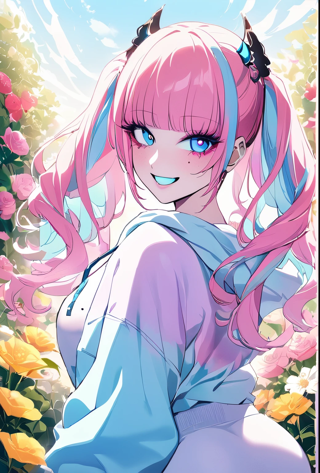 1girl, Holo-Punk Style, woman, light blue tie-dye hoodie, large breasts, large ass, twintails, pastel colors, pastel theme, deep pink hair, smile, teeth, makeup, eyelashes, winged eyeliner, pale skin, outdoors, flower garden, freckles, bright colors, bangs, bright blue eyes
