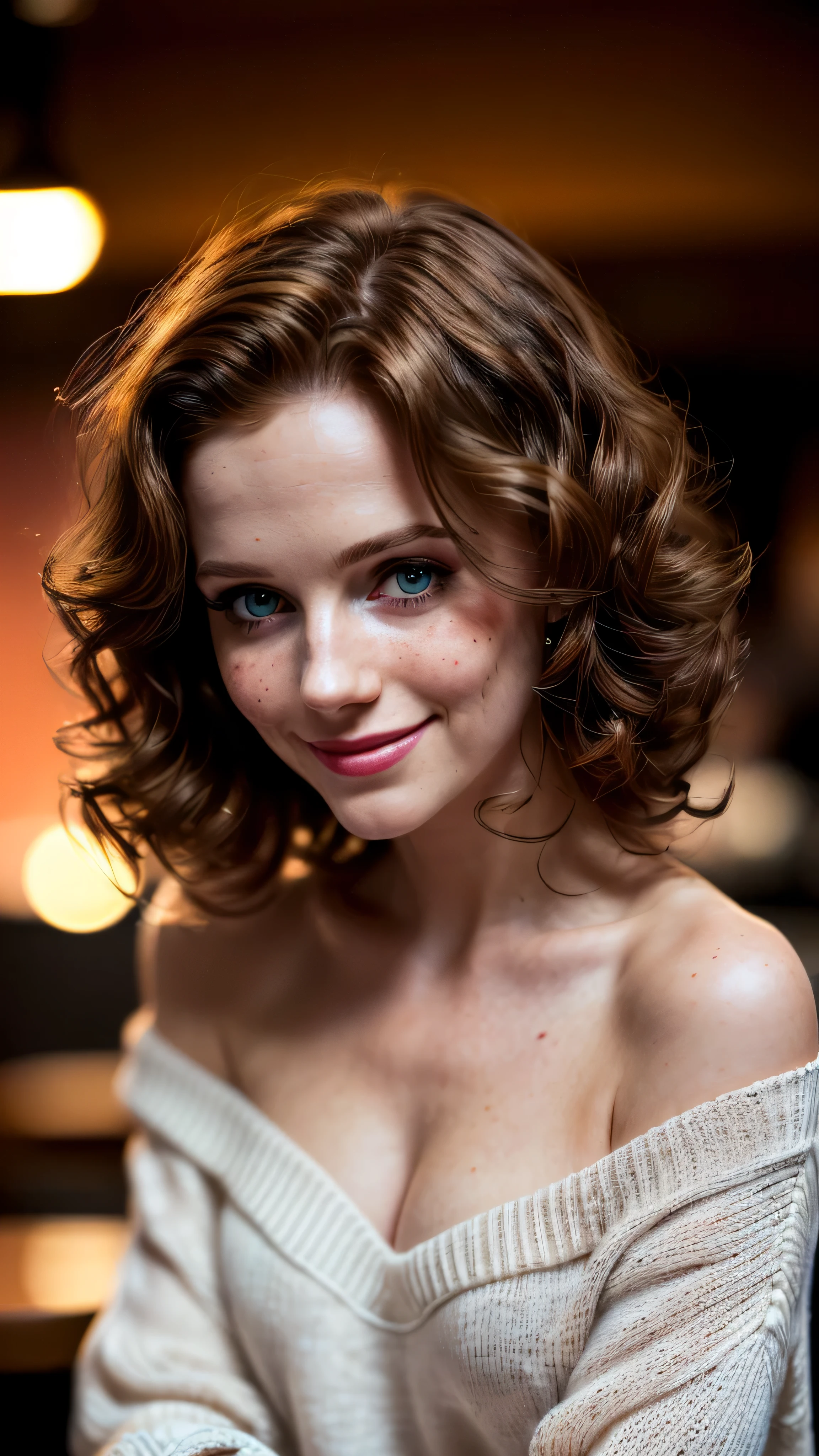 (masterpiece), (extremely intricate:1.3), (realistic), (((portrait, closeup, joyful, smiling, coffee) short curly Ginger barbie girl, cleargreen eyes, leaning forward, loose white knit sweatshirt off one shoulder, restaurant, [flat chest:medium breasts:0.4], crowd)), bokeh, freckles:0.2, dimple:1.2, upper body, indoor, intense sunlight, professional photograph of a stunning woman detailed, (sharp focus, dramatic, award winning, cinematic lighting, volumetrics dtx, (film grain, blurry background, blurry foreground, bokeh, depth of field, sunset, interaction), 8K