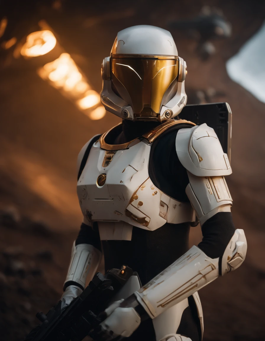 There's a woman with a gun in front of the spaceship., In the background is a fallen empire, Official character art, Zombies of Doom Eternal, Orianna, Paintings by c-3p0, Inspired by Sgt. Johnson, Heavenly planets in the background, Junho Promotional Image, full helmet