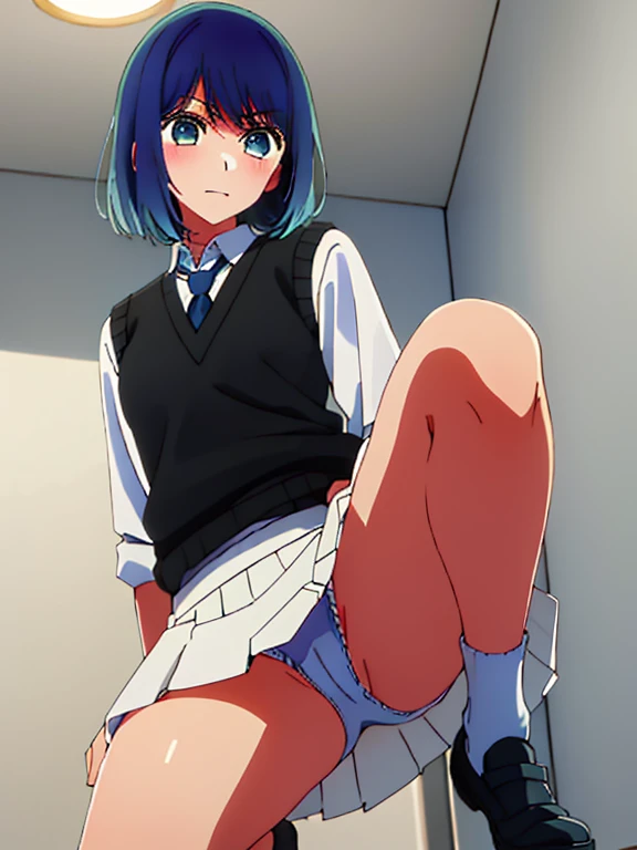 Beautiful lighting, One Girl, solo, Akane, White shirt, (((skirt))),Sweater vest, Black vest, Blue tie, ((Anime Style))、((2D))、Laughter、Open your mouth、Look forward,((Cotton panties with crotch)),(((skirtめくり, I can see your pants))),squat,squat,squat,squat,Spread your legs,Spread your legs,From below,blush,Embarrassing,skirtを持ち上げる,