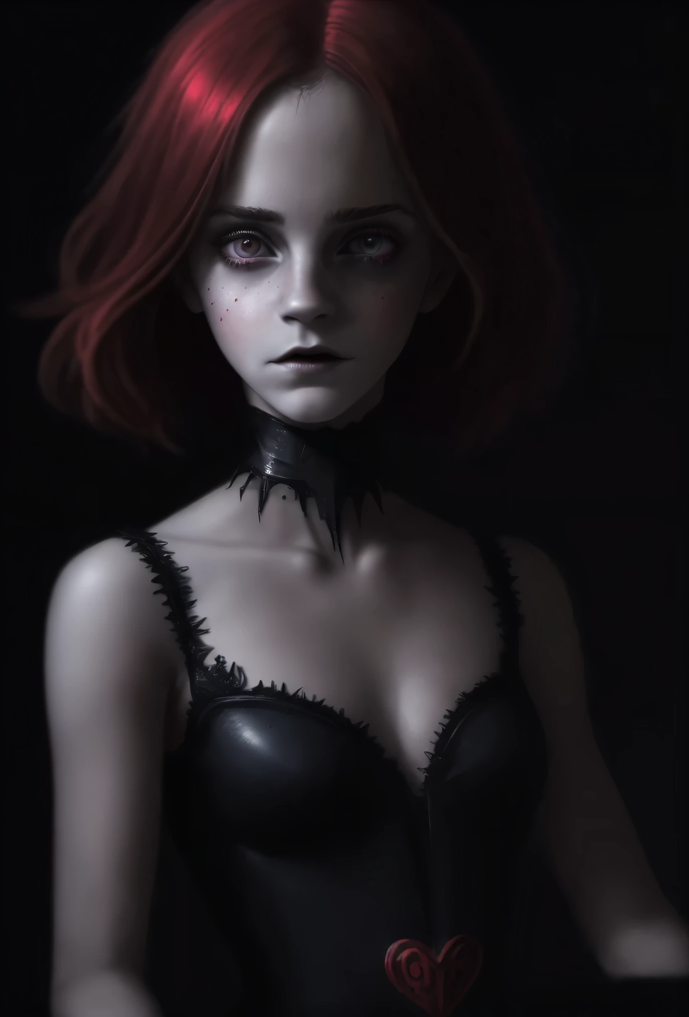 The Red Queen is a computer system, showing that under all that evilness, there was some good in the program,appearence a 13 years old teenage girl.red hologram((portrait: 1 girl))angry expression, pixar style, Dark, Negative, twisted, weird, (Big super-detailed eyes, Children's doll eyes), dark makeup under the eyes, mysterious background,Emma Watson, But Tim Burton
