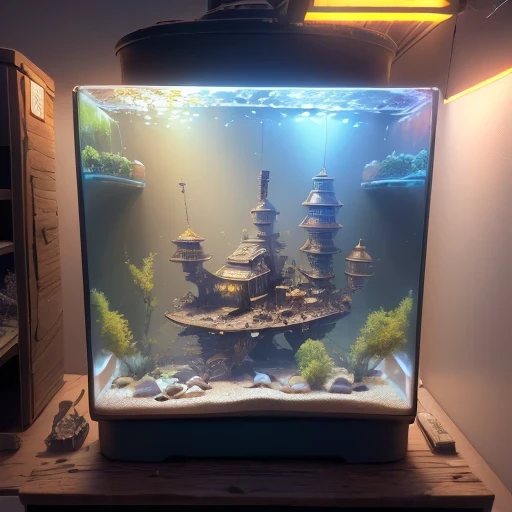 3598年Mars realistic model, (bifurcation, original photo, best quality, masterpiece:1.4),SteampunkCyberpunk6820 City,(CyberpunkMars light:1.3), Mars (related to land),(in a small fish tank box:1.3),Isometric, small nature, landscape on foundation,landscape,