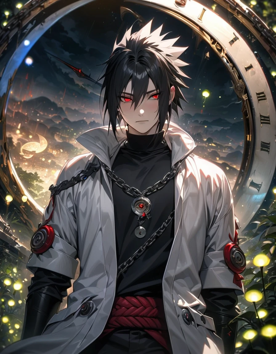 absurdres, highres, ultra detailed, HDR, master piece, best quality, extremely detailed face and eyes, Uchiha Sasuke, expressive red eyes, black hair, hair between the eyes, Naruto Shippuden, solo, sexy man, handsome features, white coat, black tight shirt, clock mechanical moon, fantasy, chains, fireflies, in wonderland