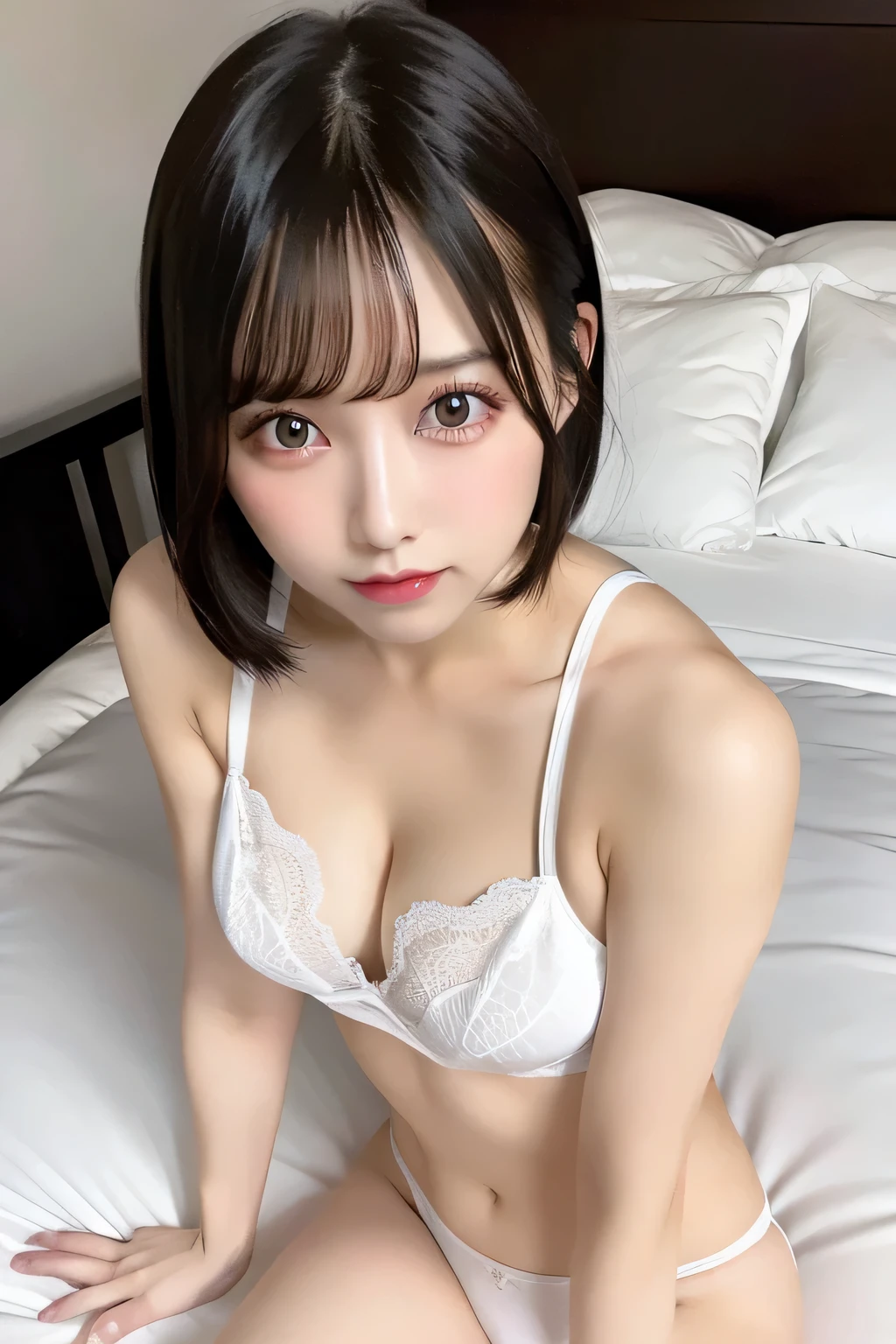 Woman on bed、Sexy appearance、Sexy white underwear、Sexy Girls、highest quality、Short black hair