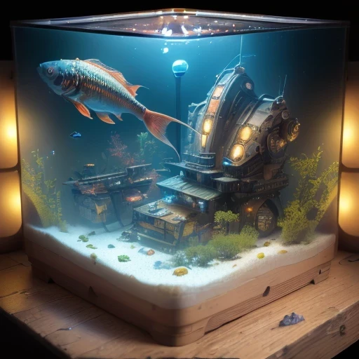 3598年Mars realistic model, (bifurcation, original photo, best quality, masterpiece:1.4),SteampunkCyberpunk6820 City,(CyberpunkMars light:1.3), Mars (related to land),(in a small fish tank box:1.3),Isometric, small nature, landscape on foundation,landscape,