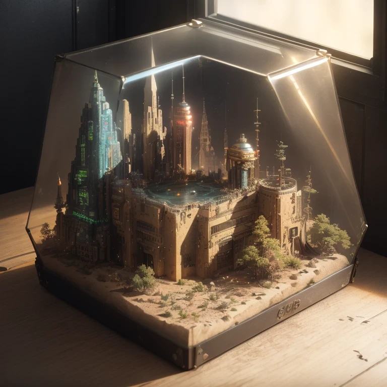 3598年Mars realistic model, (bifurcation, original photo, best quality, masterpiece:1.4),SteampunkCyberpunk6820 City,(CyberpunkMars light:1.3), Mars (related to land),(in a small glass box:1.3),Isometric, small nature, landscape on foundation,landscape,