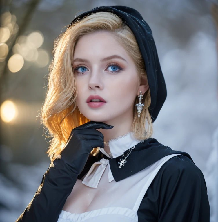 1 miniature Beautiful beautiful woman - Yuan Sayuki, ((top quality, 8K, Masterpiece:1.retty woman, 1 woman, huge breasts:1.3, a slim body:1.1, lush GINGER short hair, (shower, wet body, wet clothes:1.1), very detailed face, detailed lips, detailed eyes, double eyelids, Detailed blue eyes, чрезвычайно Detailed Outstanding Blue Eyes, short GINGER wet hair, GINGER wet hair, Detailed Outstanding Blue Eyes, innocent look at the viewer, very wet wavy white hair, Detailed Outstanding Blue Eyes, huge cross earrings, Outdoors, badges behind, gothic maid uniform,  sexy maid dress, bare chest, huge chest tattoo, detailed huge catholic cross earrings, chest tattoo, Outside, wear a silver cross (Detailed cross shape), reality mode, wet breasts, black necklace, human crowd behind, black latex gloves, hair of white snowy colour, night time, red neon lights, demonic nun, nimbus (golden lighting ring above her head), angel, snowy weather, sexy pose, white lingerie, black maid dress, flower wreath