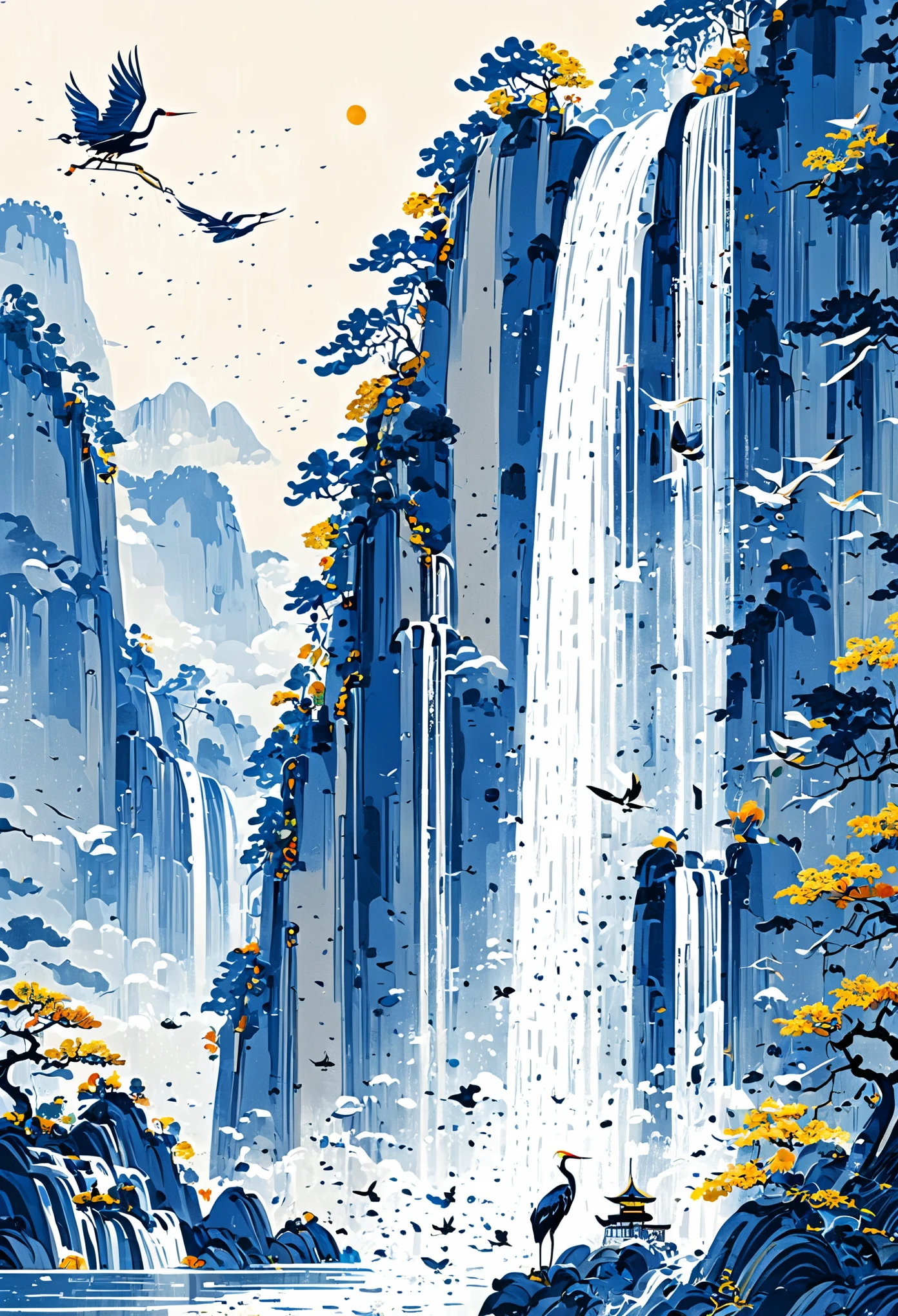 new chinese style,The largest waterfall. The longest waterfall with splashes,crane,mountain,cloud,Moon,tree
