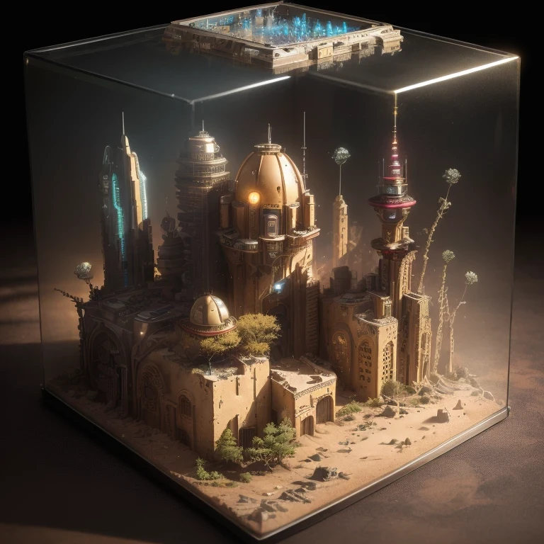 3598年Mars realistic model, (bifurcation, original photo, best quality, masterpiece:1.4),SteampunkCyberpunk6820 City,(CyberpunkMars light:1.3), Mars (related to land),(in a small glass box:1.3),Isometric, small nature, landscape on foundation,landscape,