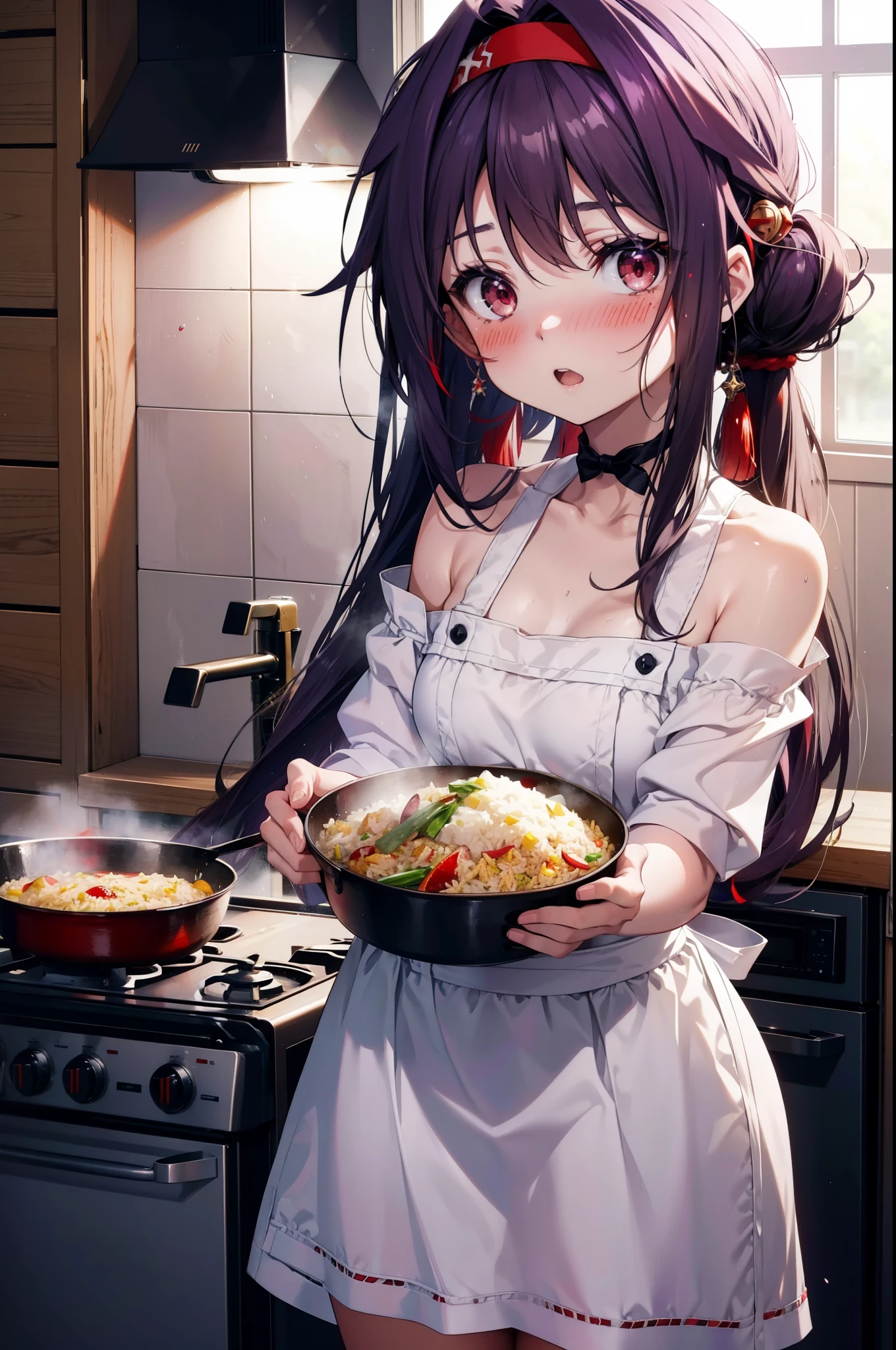 yuukikonno, Konno Yuuki, hair band, Long Hair, Pointed Ears, Purple Hair, (Red eyes:1.5), (Small breasts:1.2), Open your mouth,
,blush,Embarrassing,Open your mouth,surprised,turn around, Naked Apron,Exposing shoulders,Bare neck,bare clavicle,barefoot,Zend 4y4, cooking, Chinese pan, fire, fried rice, Stove, フレームから足が外れている break indoors, kitchen, break looking at viewer, (Cowboy Shot:1.5), break (masterpiece:1.2), highest quality, High resolution, unity 8k wallpaper, (shape:0.8), (Beautiful details:1.6), Highly detailed face, Perfect lighting, Extremely detailed CG, (Perfect hands, Perfect Anatomy),