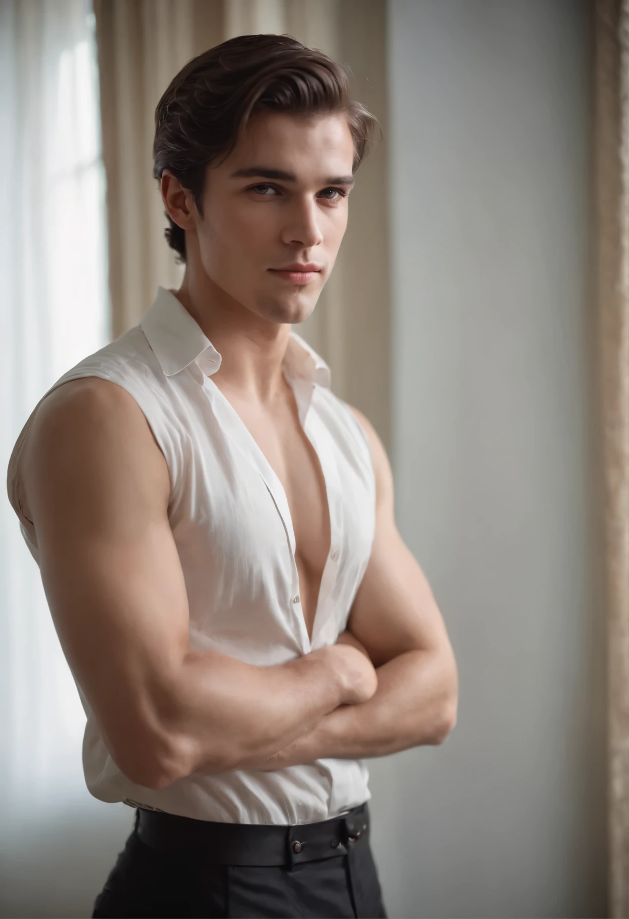 open shirt man, young, 22 years old, sexy, realistic, masterpiece, intricate details, detailed background, depth of field, cinematic, pectorals, abs, , open shirt, dramatic lighting, photo of a handsome (regency era man) in bedroom, window, volumetric light, poster art photography