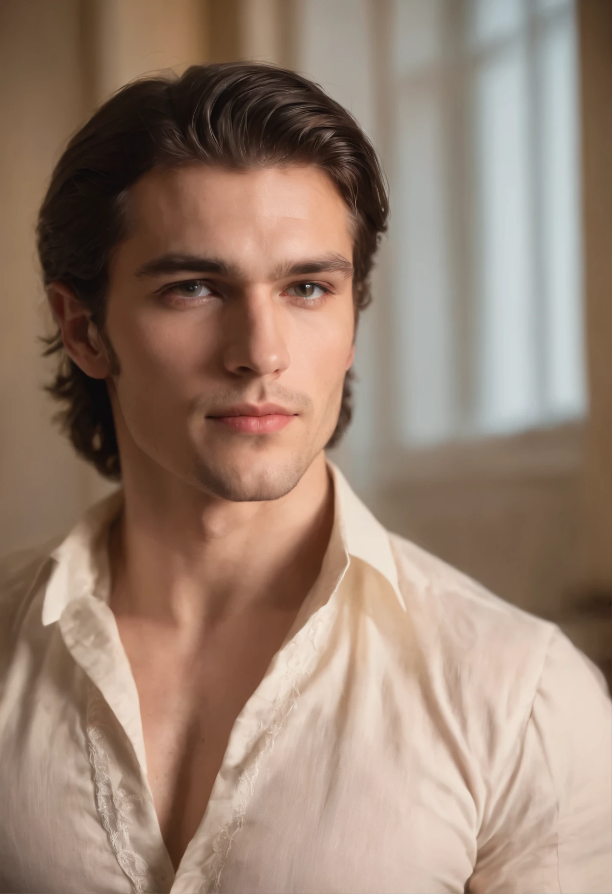 open shirt man, young, 22 years old, sexy, realistic, masterpiece, intricate details, detailed background, depth of field, cinematic, pectorals, abs, , open shirt, dramatic lighting, photo of a handsome (regency era man) in bedroom, window, volumetric light, poster art photography