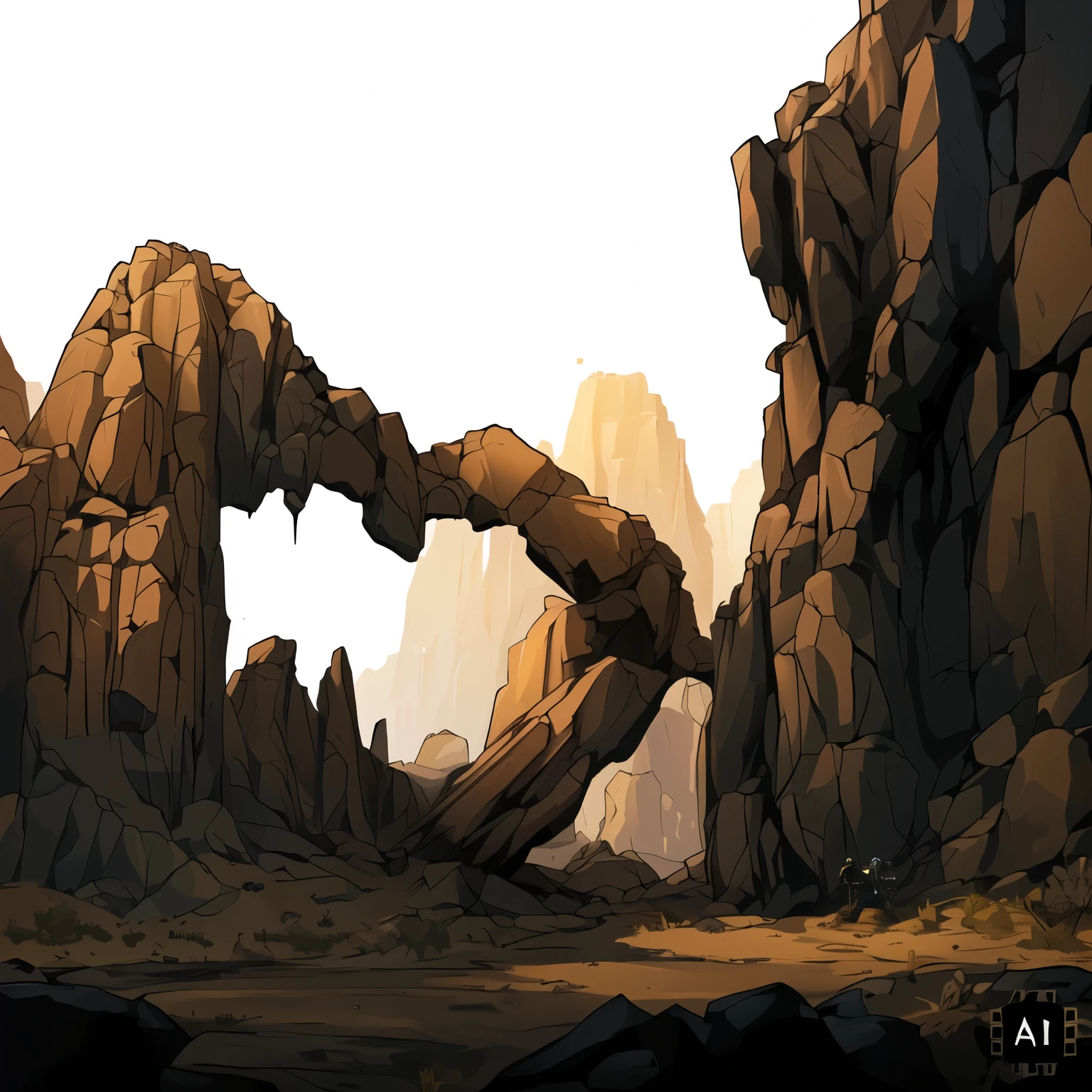 there is a painting of a rock formation in the desert, arte de fundo, ambiente rochoso, pintado como uma arte conceitual de jogo, Scenario game concept art, arte ambiental, fundo do desfiladeiro, arte conceitual para um videogame, arte conceitual de meio ambiente, arcos rochosos, pouco detalhado. pintura digital, fundo de arte do jogo 2 d, cena de arte conceitual, Arte conceitual 2D, arte detalhada do jogo