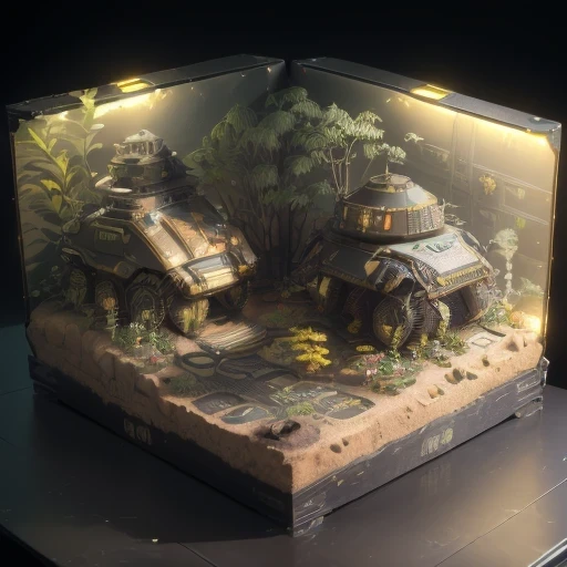 3598年Mars realistic model, (bifurcation, original photo, best quality, masterpiece:1.4),SteampunkCyberpunk6820 City,(CyberpunkMars light:1.3), Mars (related to land),(in a small 黑金丝 plant landscape tank box:1.3),Isometric, small nature, landscape on foundation,landscape,