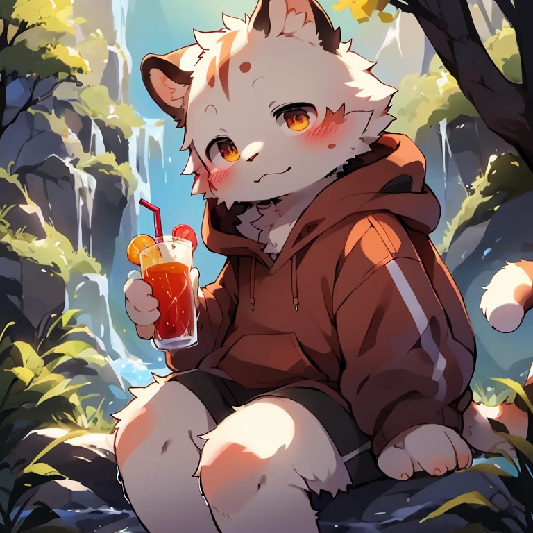 Lovely and detailed digital art, Very very beautiful furry art, Detailed fanart, High quality wallpaper, furry fantasy art, Shota,shota,Popular topics on artstation pixiv, New Jersey 5 Hairy, drank, sitting, hoodie, Nature, male, hapiness, white fur, white body,thong,author:Pino Deheni, A lot of people, Milk tiger 1145, Dagashi, yes, only