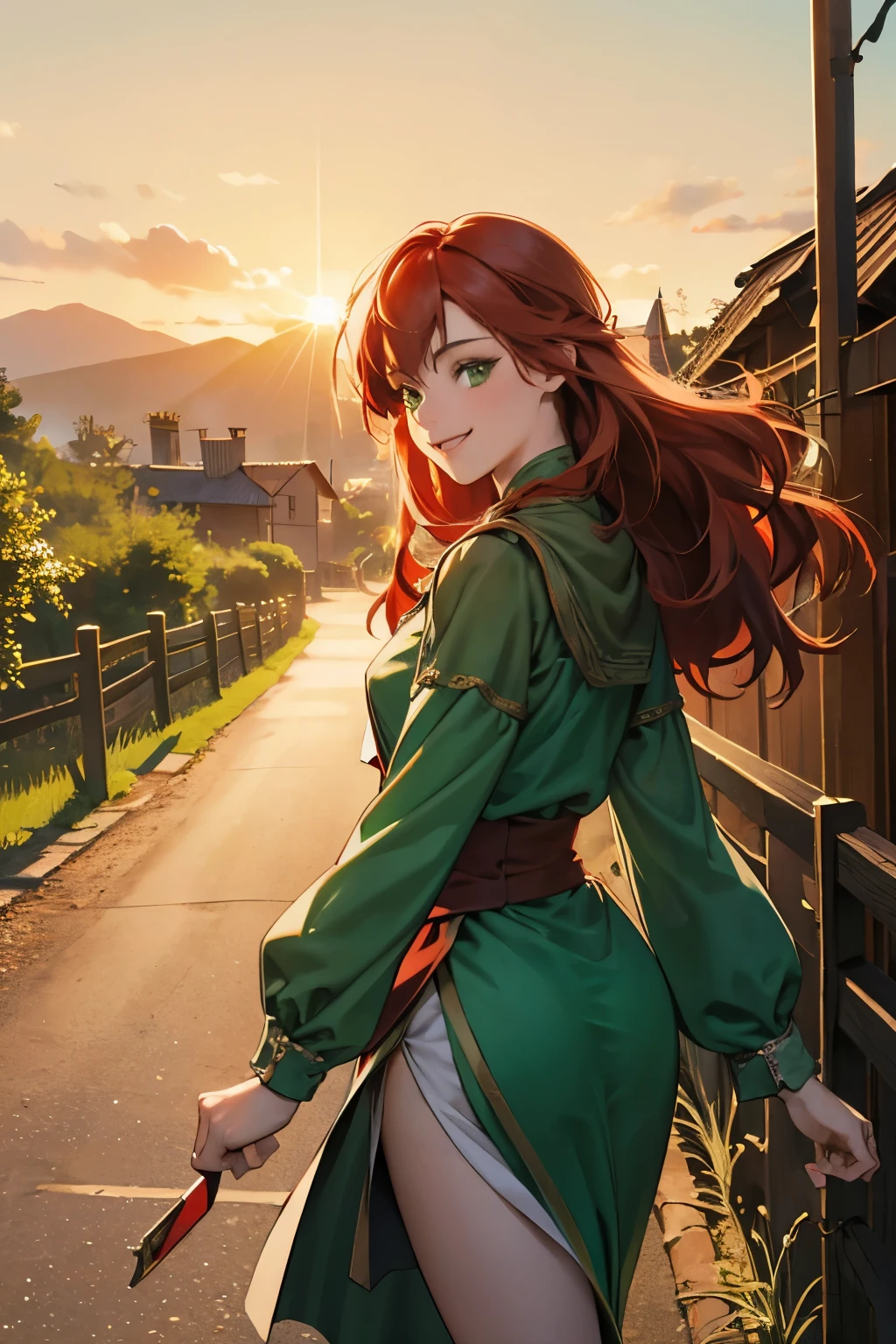 8k wallpaper, masterpiece, movie lighting, medieval setting, Beautiful female rogue with red hair and greenish eyes walking on a winding road with a smile on her face, sunrise with clear skies background