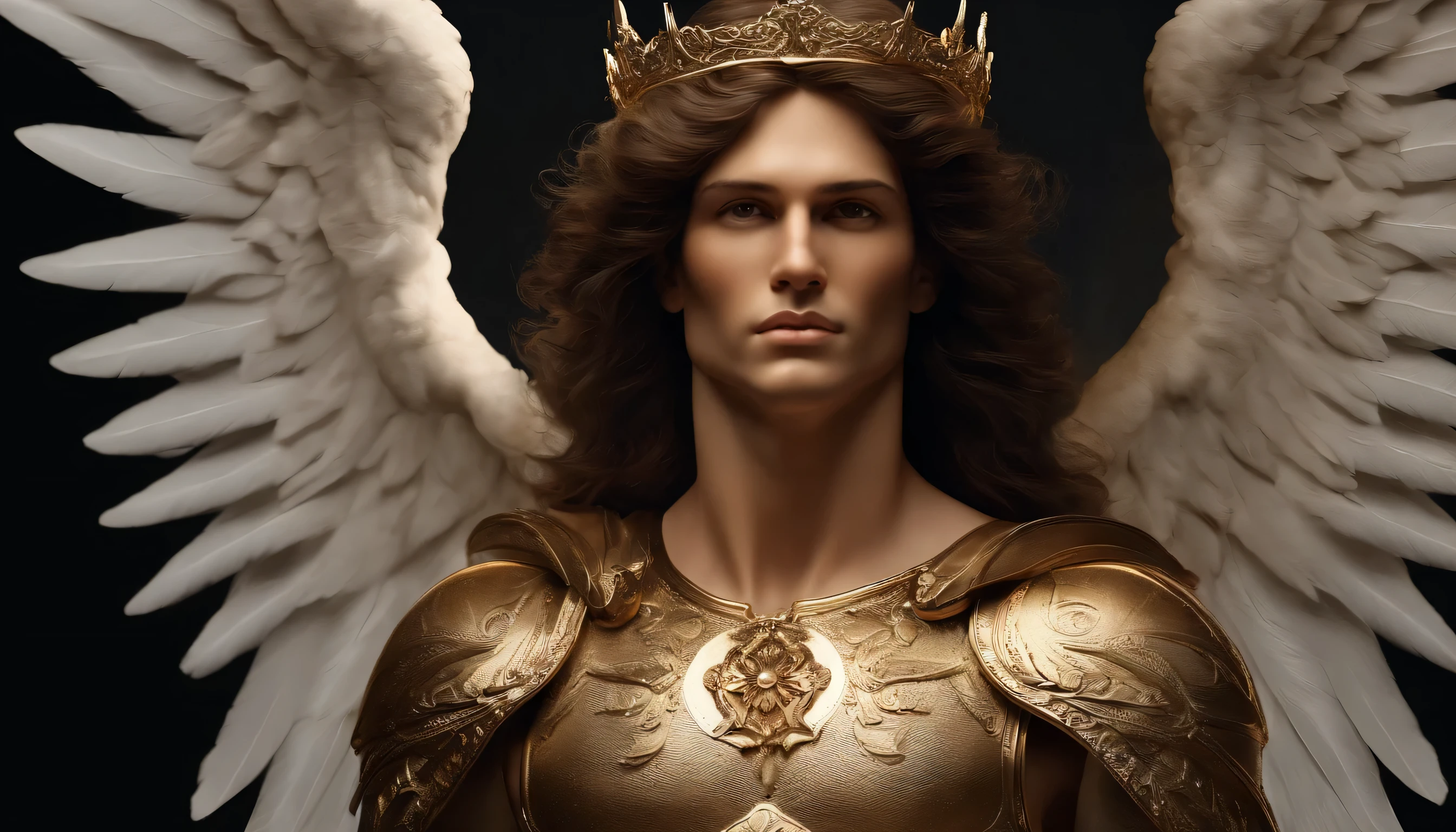 um personagem masculino, o arcanjo Miguel, imagem celestial, detalhes intricados, realista, asas ROSAS e grandes, fundo angelical, Catholic illustrative image of the archangel Michael, Male character of the Bible, Michael is wearing his angelic armor, Cosmic Background, Lighting on the Archangel and in the background, imagem do corpo todo do anjo, Maximum detail and her angelic face and wings, pele perfeita realista, Maximum image quality, Miguel ele esta destacado na imagem com cores fortes e chamativas.