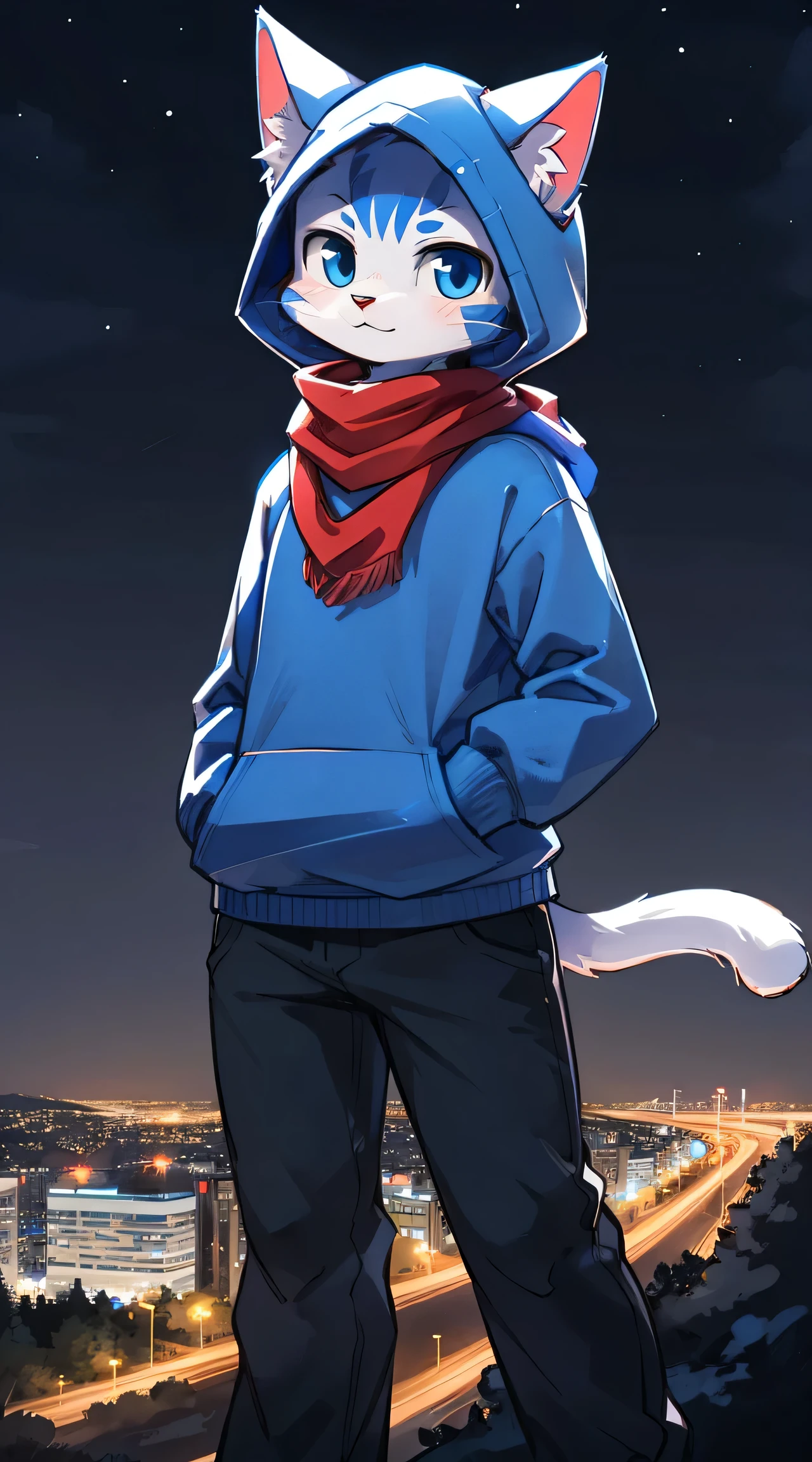 a full body, anthropomorphic cat adult wearing a blue hoodie, pants and a red scarf aaround the neck, cute face , posing for a picture in a hill at night with a city in the distance