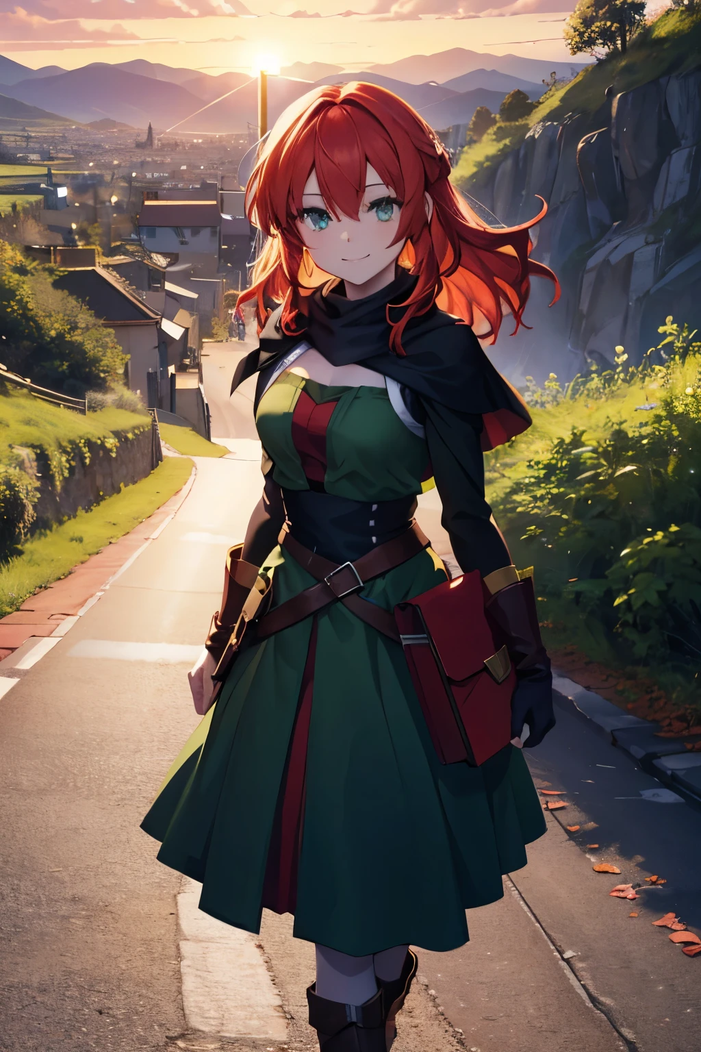 8k wallpaper, masterpiece, movie lighting, medieval setting, Beautiful female rogue with red hair and greenish eyes walking on a winding road with a smile on her face, sunrise with clear skies background