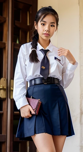 Thai girl, ponytail, convent, white shirt, long sleeves, loose necktie, big bearst, navy blue long skirt, black belt, look at viewer,