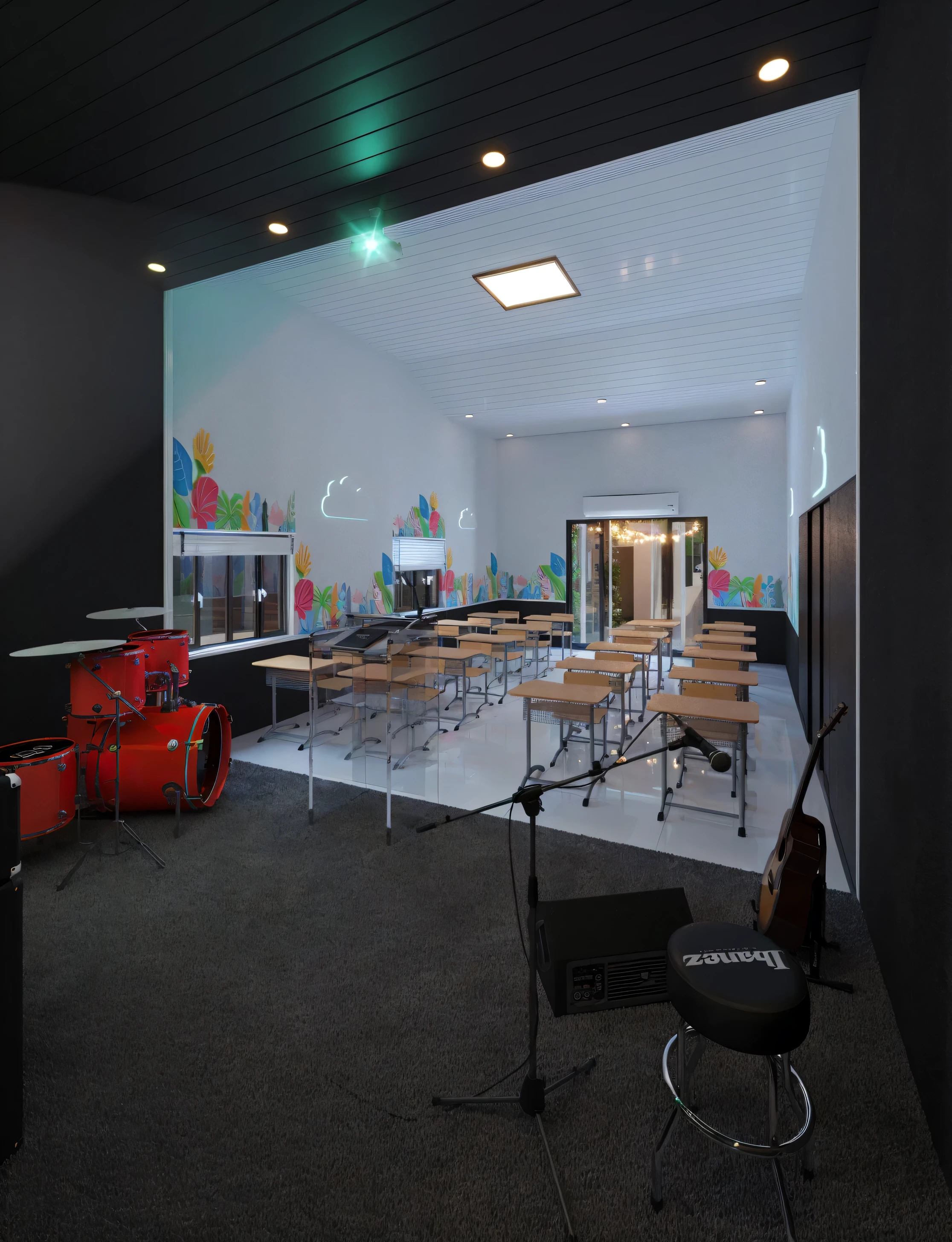 there is a room with a, bateria, altamente renderizado!!, sala de aula in background, highly photographic rendering, school sala de aula, cg rendering, landscape rendering, 3D renderings, digital rendering, fotografia da sala ios 3d, finalrender, semi-realistic rendering, photographic rendering, renderizar 3d, very realistic 3D rendering, sala de aula