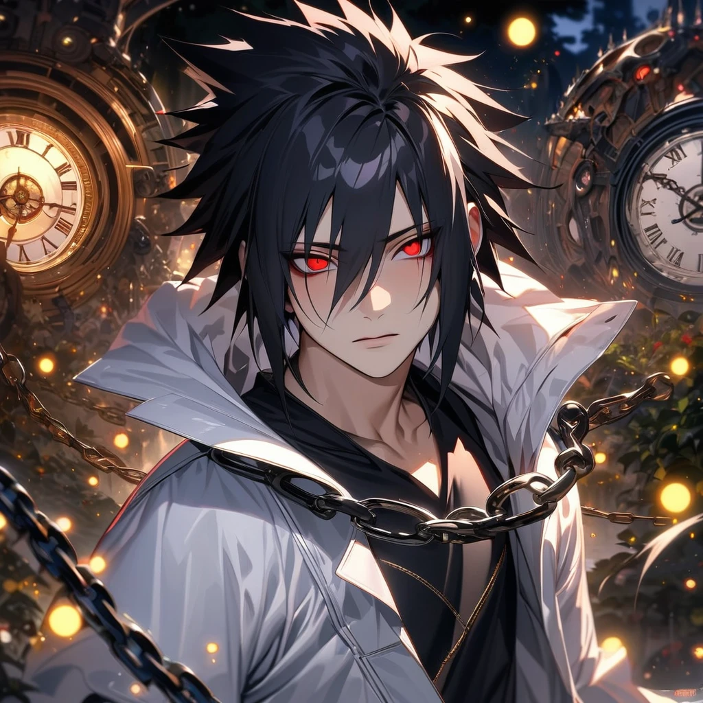 absurdres, highres, ultra detailed, HDR, master piece, best quality, extremely detailed face and eyes, Uchiha Sasuke, expressive red eyes, black hair, hair between the eyes, Naruto Shippuden, solo, sexy man, handsome features, white coat, black tight shirt, clock mechanical moon, fantasy, chains, fireflies, in wonderland