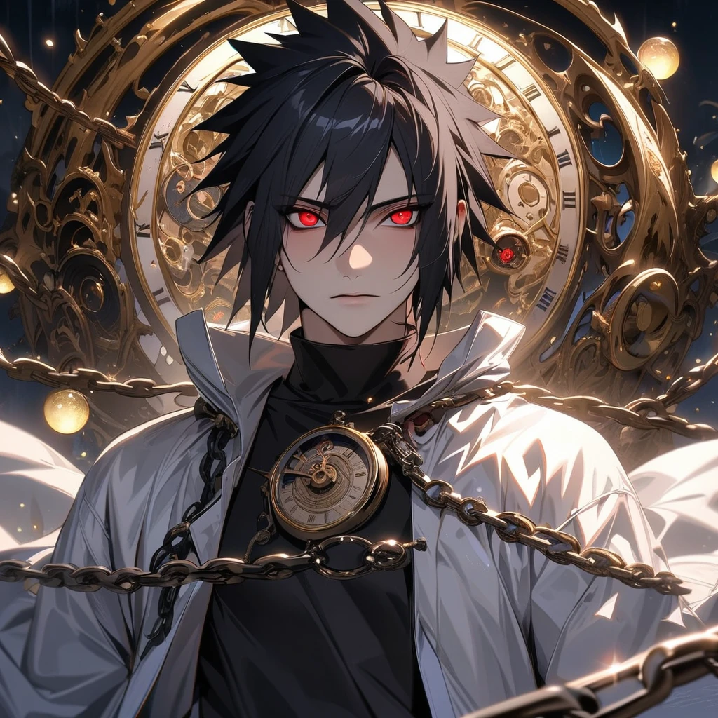 absurdres, highres, ultra detailed, HDR, master piece, best quality, extremely detailed face and eyes, Uchiha Sasuke, expressive red eyes, black hair, hair between the eyes, Naruto Shippuden, solo, sexy man, handsome features, white coat, black tight shirt, clock mechanical moon, fantasy, chains, fireflies, in wonderland