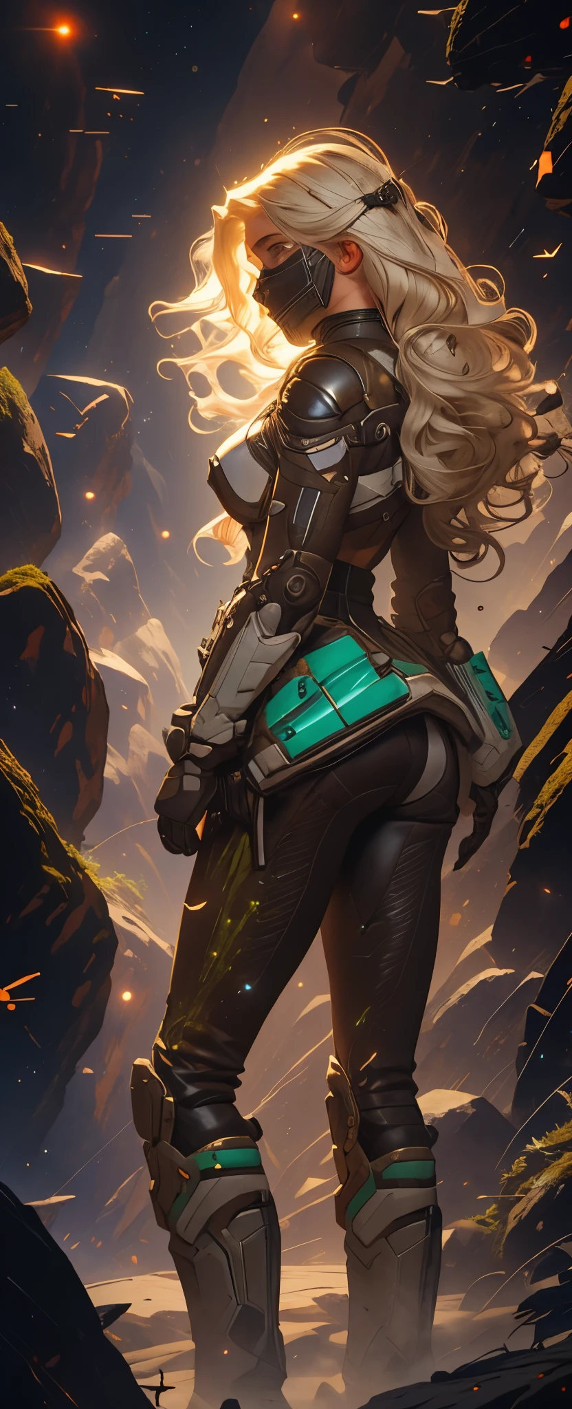 Angry sexy Blonde woman space ranger, rocks covered with brown furry fuzzy moss like lichen, full body shot head to toe, exploring a dry rocky almost barren ice planet, running 3/4 profile left, holding a long barrol multishot space hunting rifle, ultra blonde white hair, wavy hair, curly hair, sexy hair, large breasts, wearing ultra dusty wornout clothing, convertable helmet visor down showing ultra beautiful mezmerising face, she is wearing a dry dusting looking leather retro hunting outfit consisting of long brown overcoat leather space ranger form fitting body suit and small amounts of future clothing and space tech, action pose hunting, 36k resolution ultra hyper detailed image, photo-realistic, dehaze, dark of night hunting a nocturnal elusive alien carnivorous animal.,space_girl,Explosive dust