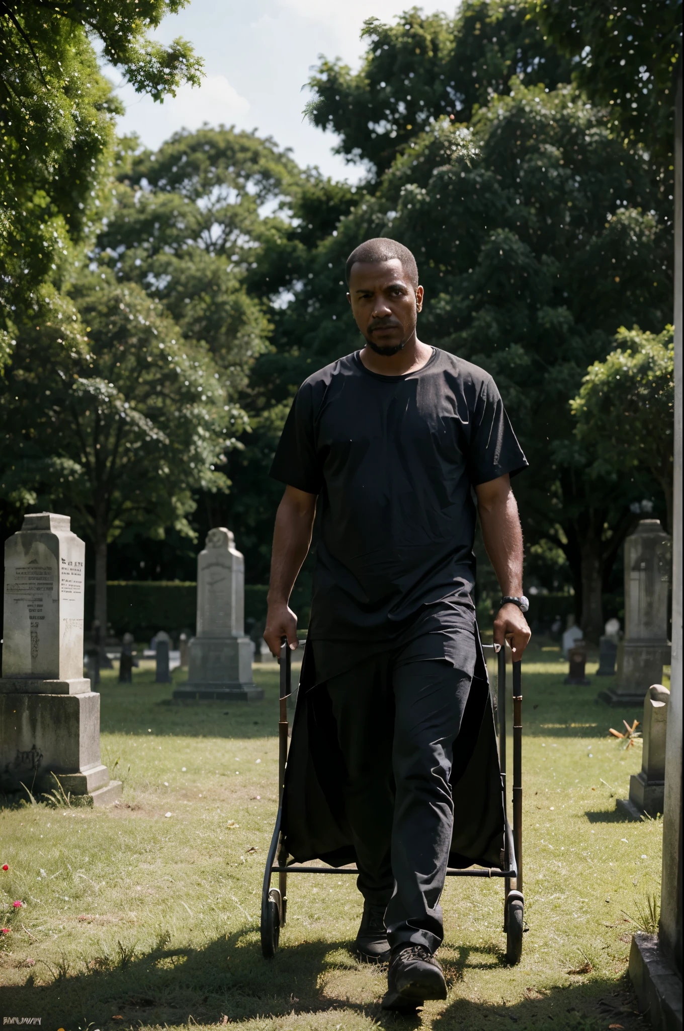 You can draw a scenario where a representative of the cemetery is standing next to a tombstone, with a serious or indifferent expression, while a gravedigger is pushing a cart with a corpse inside. O coveiro poderia estar suando ou mostrando sinais de fadiga, como forma de representar a sobrecarga de trabalho. This image will convey the message of political criticism, suggesting questions about negligence or insensitivity towards social problems.