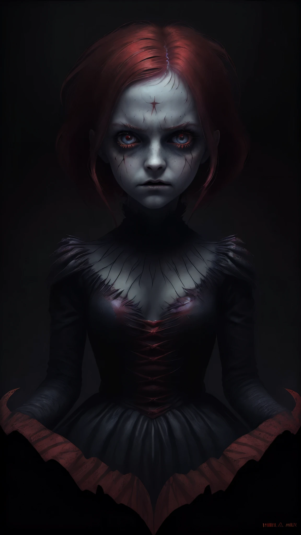 The Red Queen is a computer system evilness,appearence a 13 years old teenage girl.red hologram((portrait: 1 girl))angry expression, pixar style, Dark, Negative, twisted, weird, (Big super-detailed eyes, Children's doll eyes), dark makeup under the eyes, mysterious background,Emma Watson, But Tim Burton