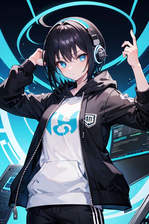 Female, Two block haircut , black hair, sky blue eyes, cream hoodie, black trousers, computer background, Tomboyish girl, Sharp eyes, cool face, using a headset