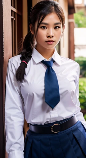Thai girl, ponytail, convent, white shirt, long sleeves, loose necktie, big bearst, navy blue skirt, black belt, look at viewer,