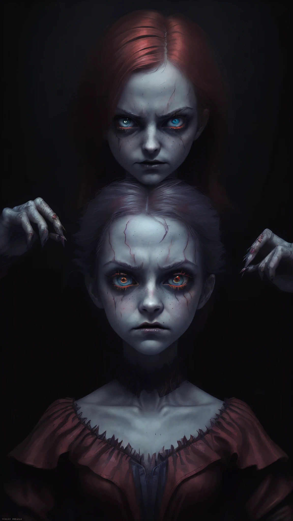 The Red Queen is a computer system evilness,appearence a 13 years old teenage girl.red hologram((portrait: 1 girl))angry expression, pixar style, Dark, Negative, twisted, weird, (Big super-detailed eyes, Children's doll eyes), dark makeup under the eyes, mysterious background,Emma Watson, But Tim Burton