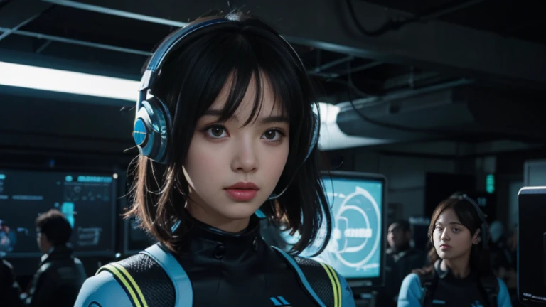 4K,beautiful women,headphone,SF,Illustration, science fiction artwork,blue neon,gaming
