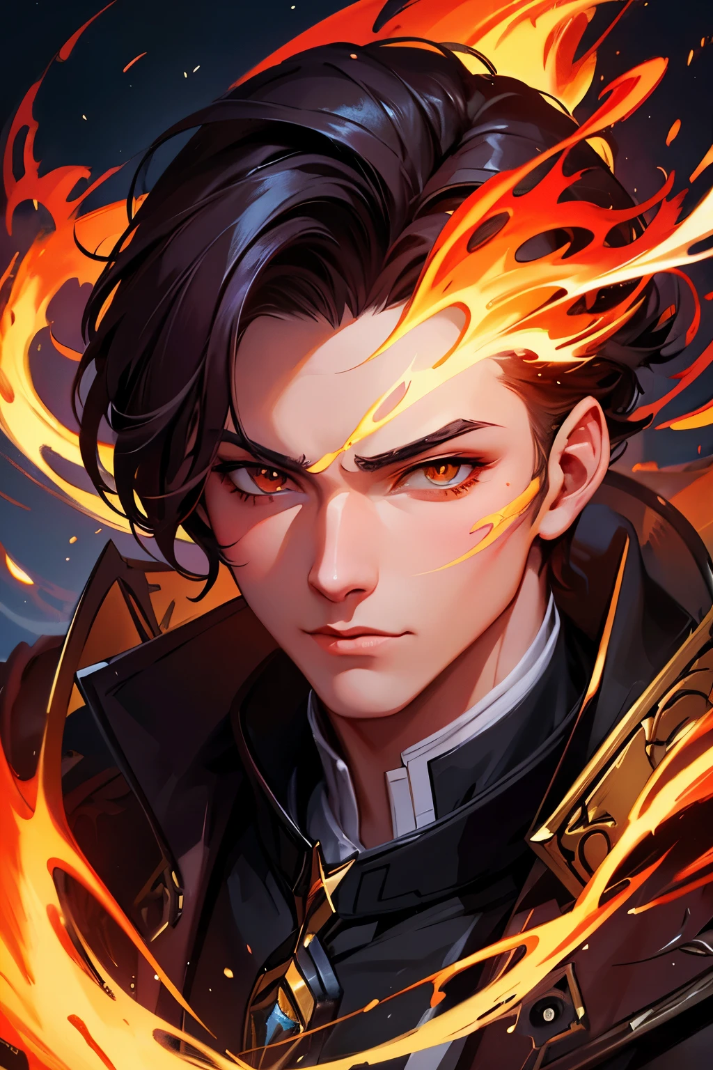 character, high resolution, digital art by loish + rossdraws + artgem + sandara, brush strokes, painterly, impressionist style, dorse, face, artistic, man, fire, rose