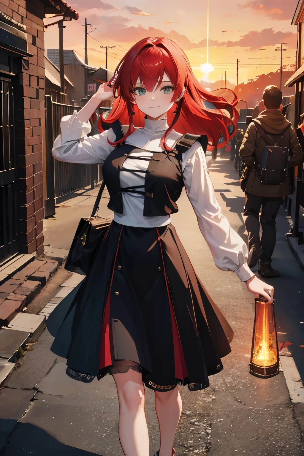 8k wallpaper, masterpiece, movie lighting, medieval setting, Beautiful female rogue with red hair and greenish eyes walking on a winding road with a smile on her face, sunrise with clear skies background