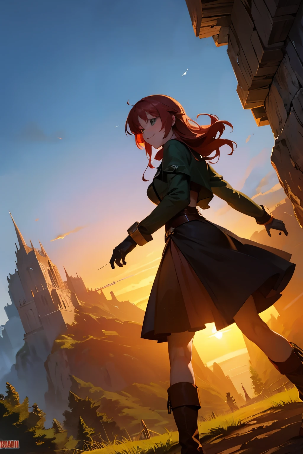 8k wallpaper, masterpiece, movie lighting, medieval setting, Beautiful female rogue with red hair and greenish eyes walking on a winding road with a smile on her face, sunrise with clear skies background