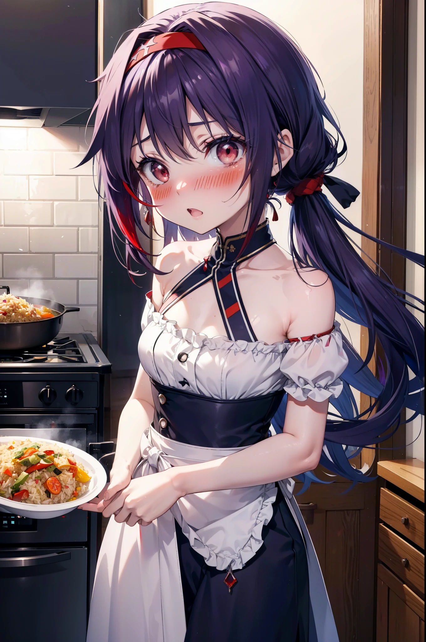 yuukikonno, Konno Yuuki, hair band, Long Hair, Pointed Ears, Purple Hair, (Red eyes:1.5), (Small breasts:1.2), Open your mouth,
,blush,Embarrassing,Open your mouth,surprised,turn around, Naked Apron,Bare shoulders,Bare neck,bare clavicle,barefoot,Zend 4y4, cooking, Chinese pan, fire, fried rice, Stove, フレームから足が外れている break indoors, kitchen, break looking at viewer, (Cowboy Shot:1.5), break (masterpiece:1.2), highest quality, High resolution, unity 8k wallpaper, (shape:0.8), (Beautiful details:1.6), Highly detailed face, Perfect lighting, Extremely detailed CG, (Perfect hands, Perfect Anatomy),