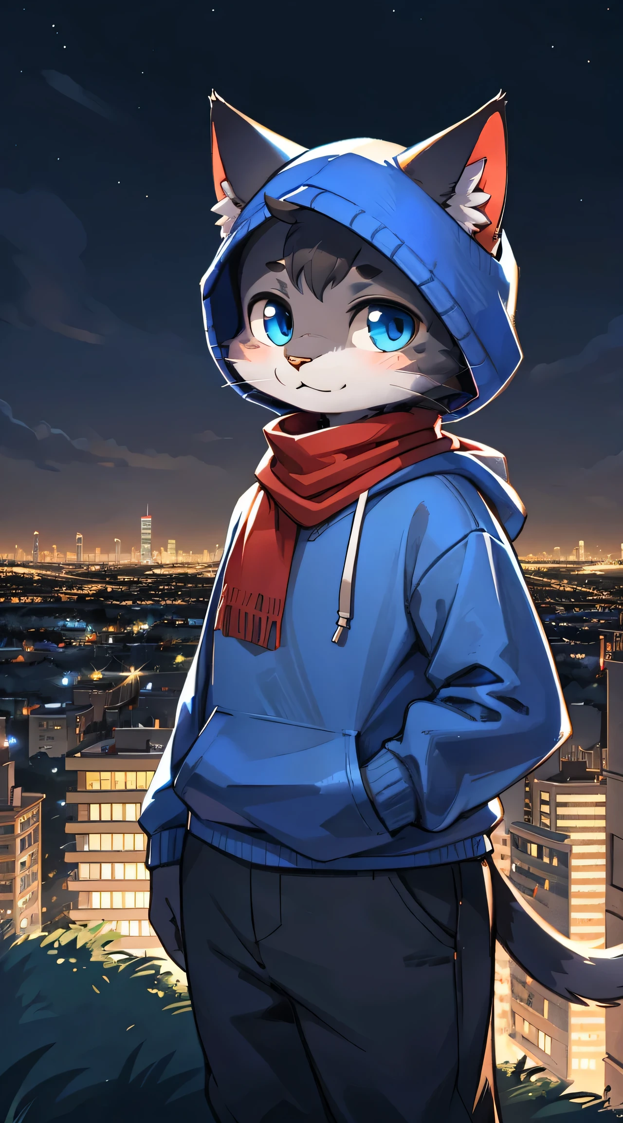 a full body, anthropomorphic old adult cat wearing a blue hoodie, pants and a red scarf aaround the neck, cute face , posing for a picture in a hill at night with a city in the distance