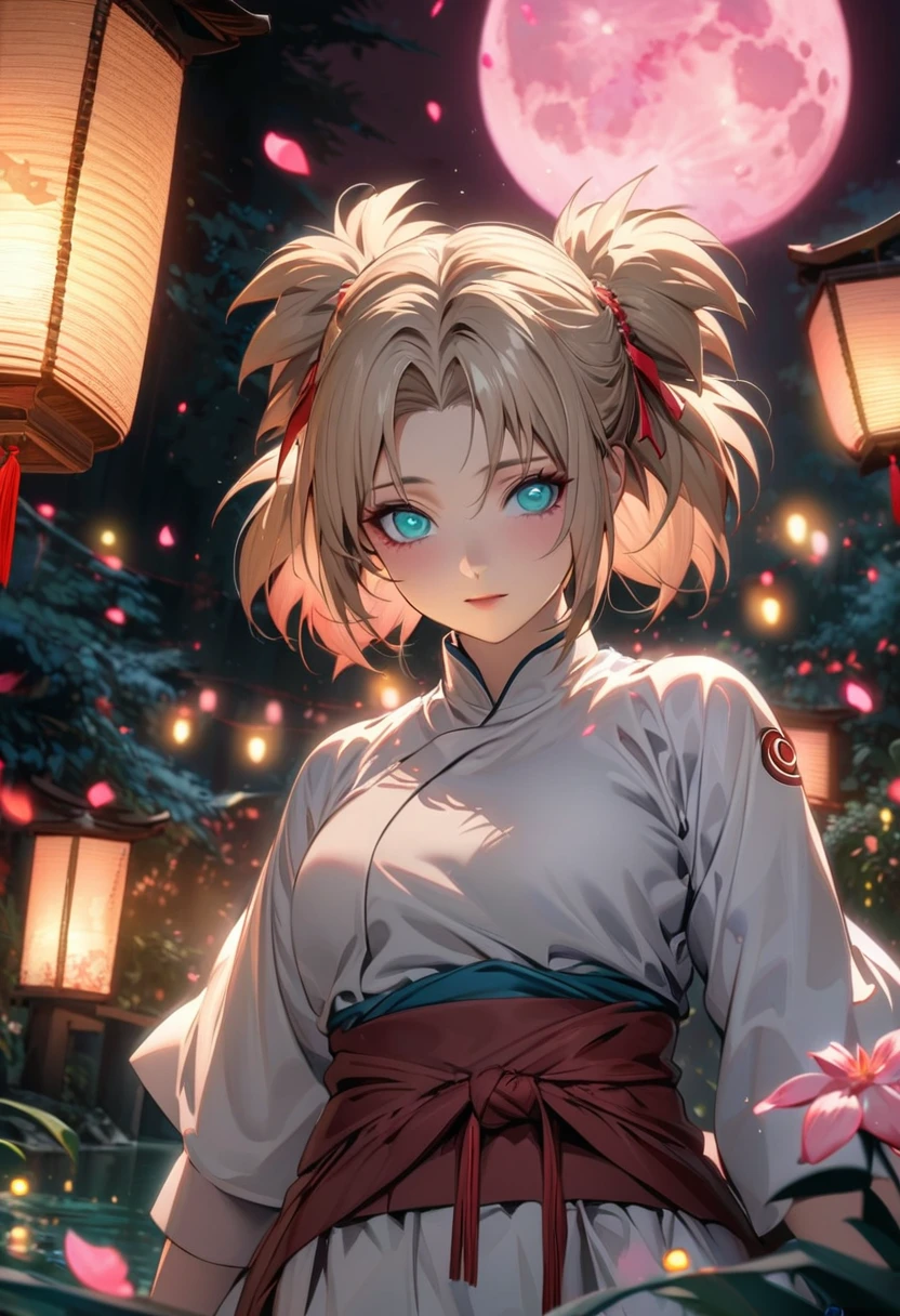 Ultra detailed, highres, absurdres, HDR, Temari, Ash blond hair, teal expressive eyes, Naruto Shippuden, pink flowers, petals, fireflies, lanterns, pink moon, woman, extremely beautiful, very detailed face and eyes, white dress, red ribbon her waist, solo