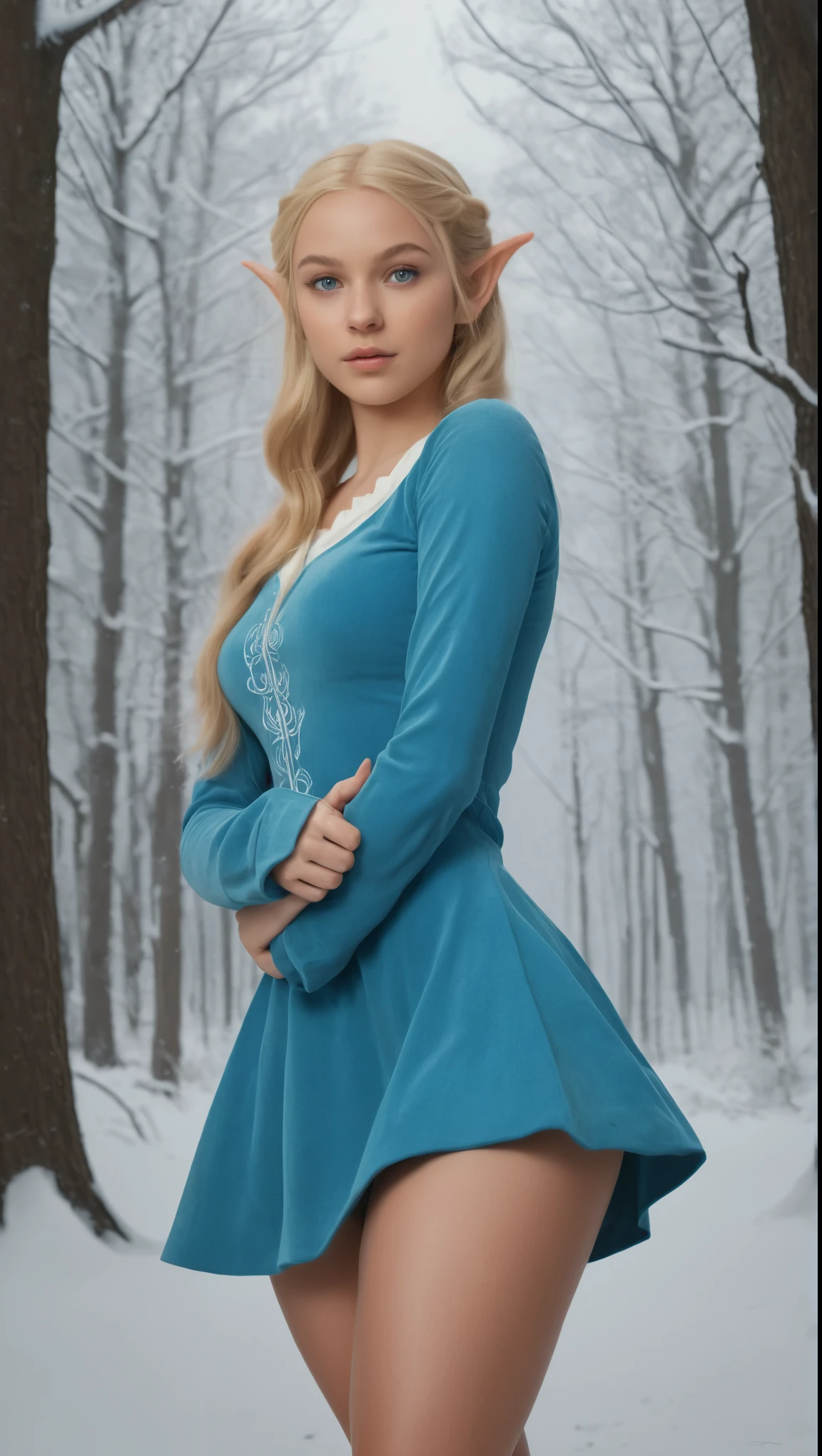 An illustrated movie poster, hand-drawn, full color, a teenage elven girl, wearing a corduroy mini-dress, sun-tanned complexion, very tall, athletic body, hourglass figure, curvy, slightly chubby, bottom-heavy, generous hips, massive bubble-butt, long legs, ridiculously thick powerful thighs, bright blue eyes, long pointy elf ears, ash blonde hair, long loose waves, posing in a snowy forest, hard shadows, graphite shading, stencil marks, airbrushed acrylic paint, masterpiece, in the style of Breath of the Wild