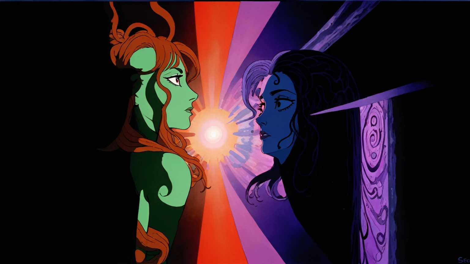 Daria and Jane portraying Medusa and Euryale (style reference Daria animated 1997, Medusa), existential crisis, floating through the ether, ethereal floatation disembodied consciousness humanity and the artificial and alien intelligences, stargate (wormhole) (cinematic, wordless, splash page, campy, b-movie cheesiness), Tarkovsky cinematography and framing and composition, intensely vivid, lush rich colorful, light rays across face similar to a light mask, universal cosmic decline, agitation, chaotic
