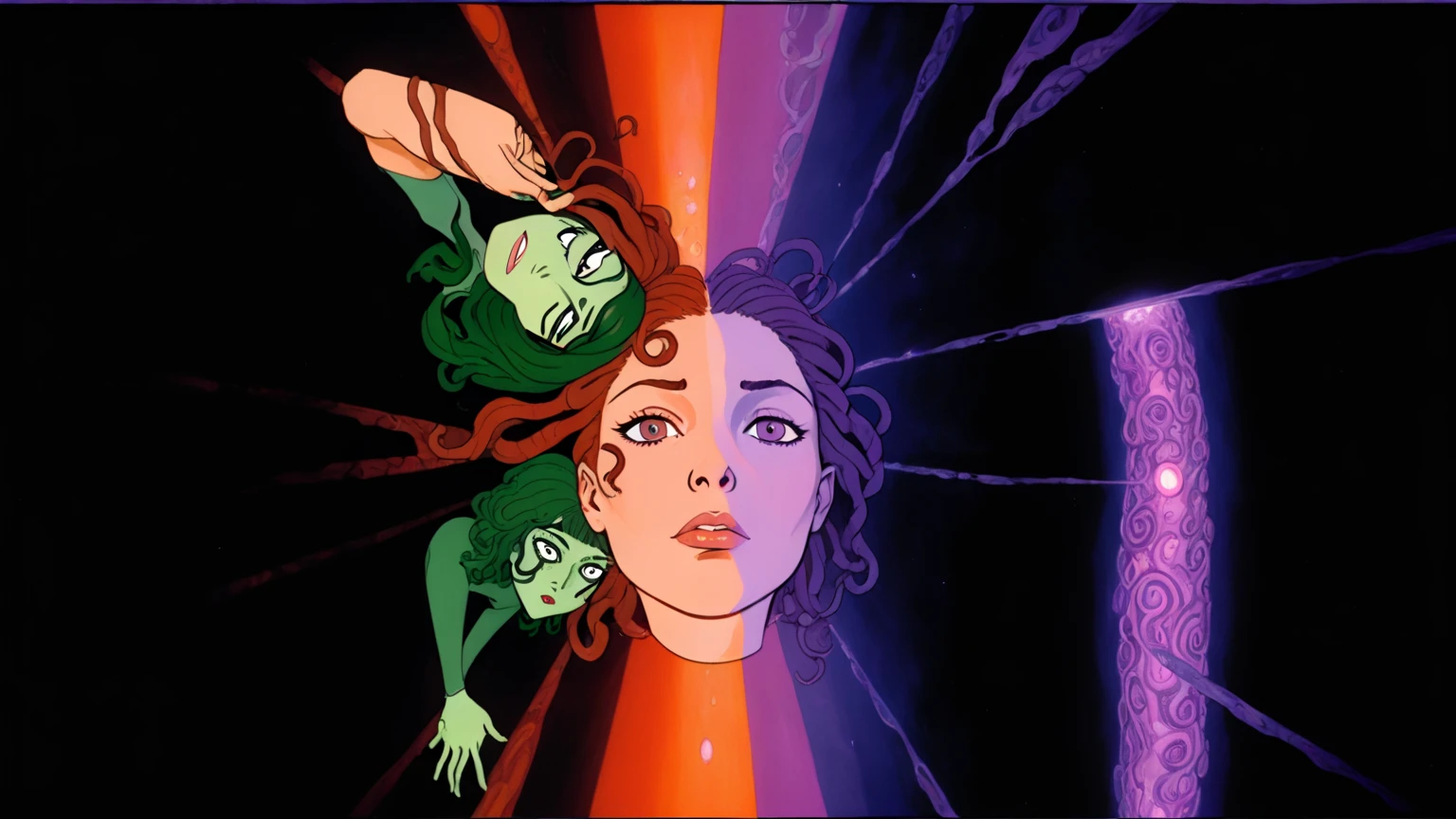 Daria and Jane portraying Medusa and Euryale (style reference Daria animated 1997, Medusa), existential crisis, floating through the ether, ethereal floatation disembodied consciousness humanity and the artificial and alien intelligences, stargate (wormhole) (cinematic, wordless, splash page, campy, b-movie cheesiness), Tarkovsky cinematography and framing and composition, intensely vivid, lush rich colorful, light rays across face similar to a light mask, universal cosmic decline, agitation, chaotic