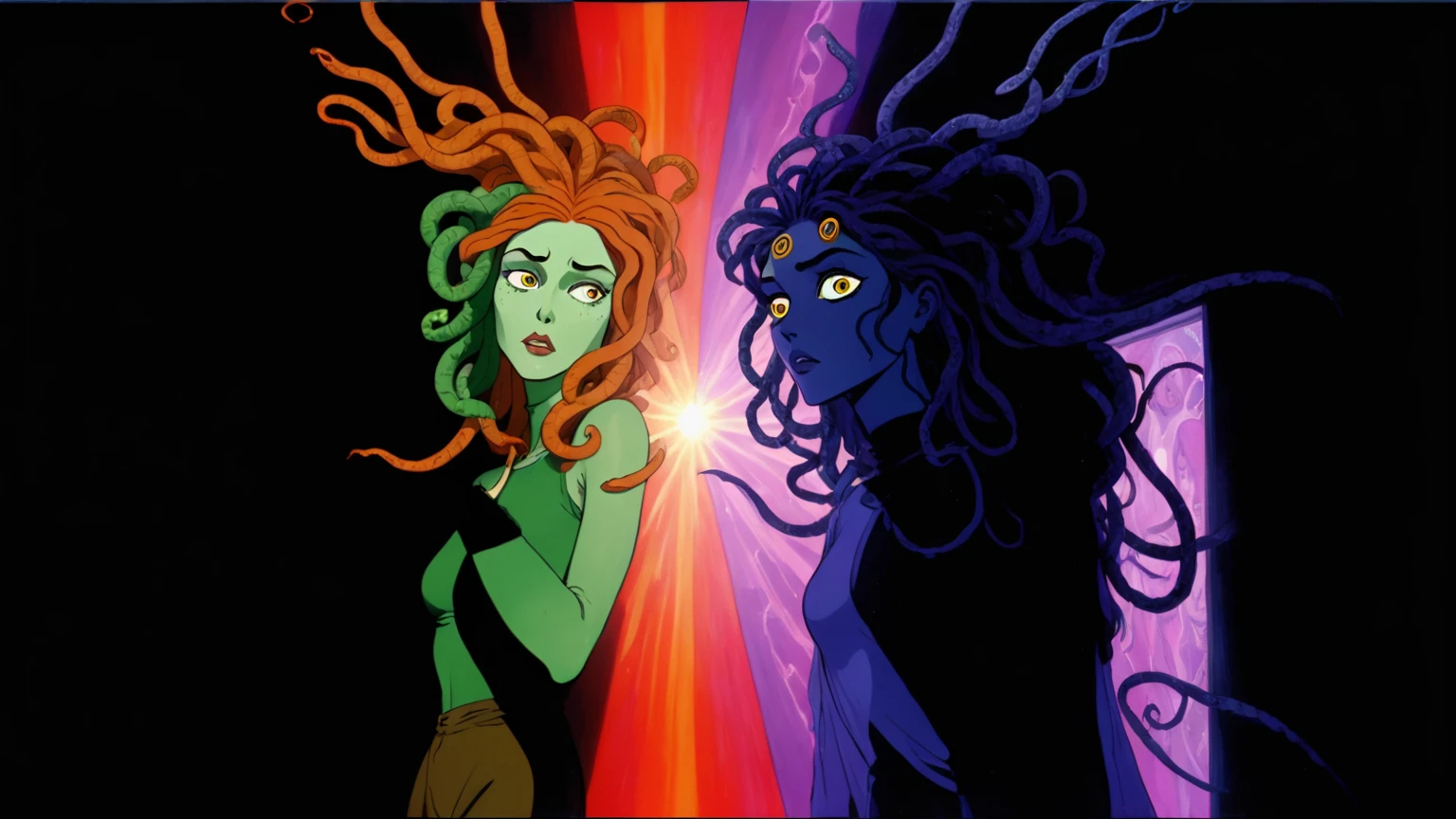 Daria and Jane portraying Medusa and Euryale (style reference Daria animated 1997, Medusa), existential crisis, floating through the ether, ethereal floatation disembodied consciousness humanity and the artificial and alien intelligences, stargate (wormhole) (cinematic, wordless, splash page, campy, b-movie cheesiness), Tarkovsky cinematography and framing and composition, intensely vivid, lush rich colorful, light rays across face similar to a light mask, universal cosmic decline, agitation, chaotic
