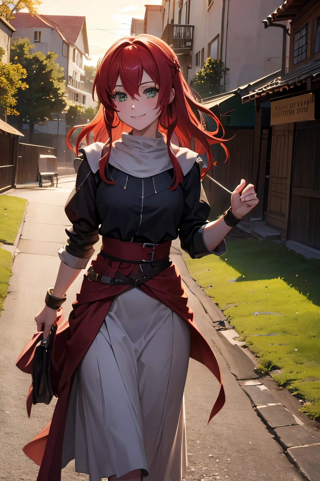 8k wallpaper, masterpiece, movie lighting, medieval setting, Beautiful female rogue with red hair and greenish eyes walking on a winding road with a smile on her face, sunrise with clear skies background