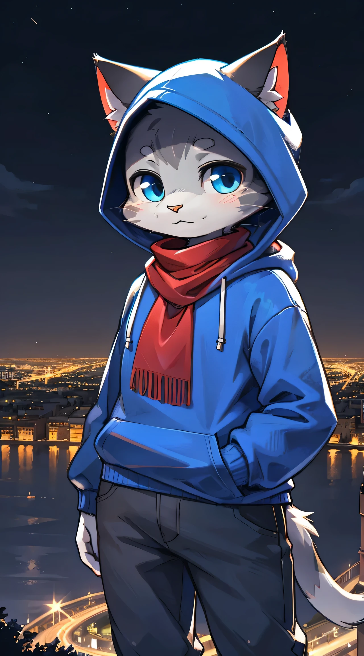 a full body, anthropomorphic old adult cat wearing a blue hoodie, pants and a red scarf aaround the neck, cute face , posing for a picture in a hill at night with a city in the distance