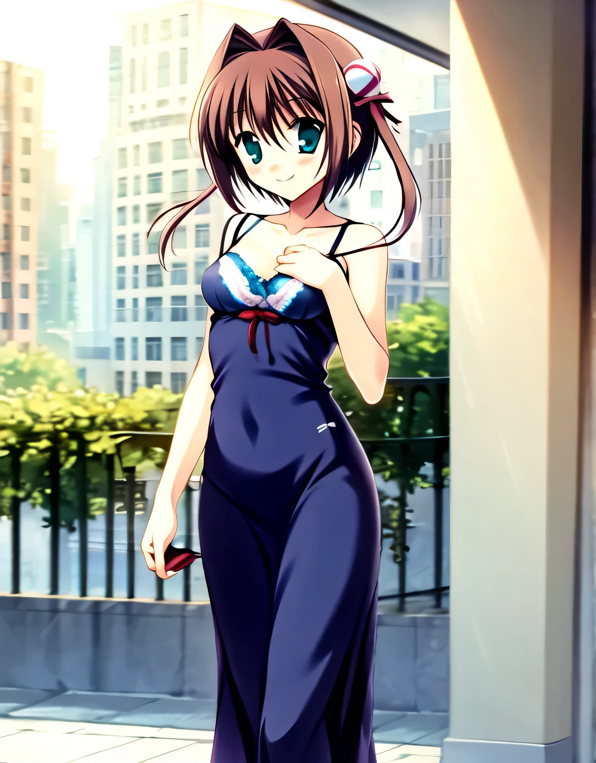 asakura_yume,Brown Hair,Medium Chest,Aqua Eye,White skin,Slums,((Are standing)),anxiety,((Breast augmentation)),(((((blue_Summer Dresses))))),((valley)),No bra,smile,